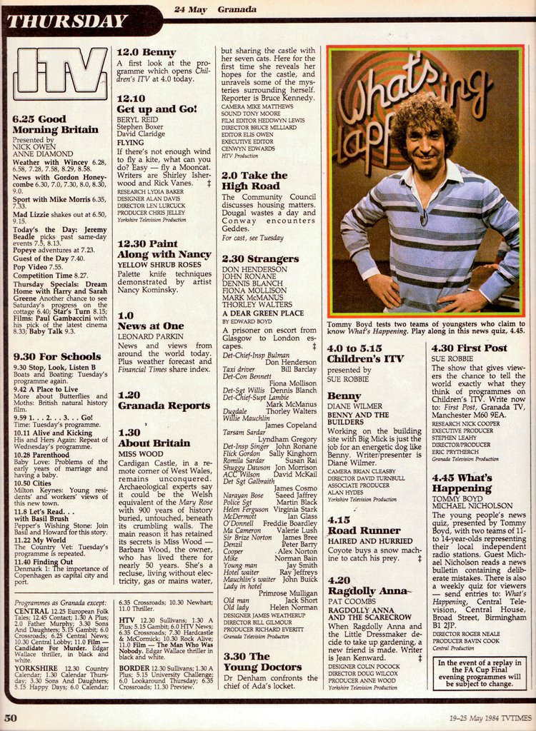 woodg31's tweet photo. TV📺24/5/84 ITV 
4.30:First Post 4.45:What's Happening 5.15:Gambit 5.45:News 6.5:Crossroads 6.30:Regional News 7.0:Emmerdale Farm 7.30:Magnum 8.30:Airline 9.30:TV Eye 10.0:News 10.30:Hill Street Blues 11.30:Cities https://t.co/zBXHPmgN6S