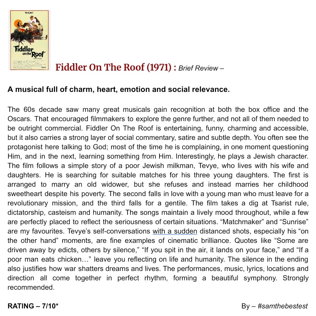 SAMTHEBESTEST_'s tweet photo. #FiddlerOnTheRoof (1971) :

A musical full of charm, heart, emotion and social relevance.

RATING – 7/10*

#NormanJewison #ChaimTopol #NormaCrane #LeonardFrey #MicheleMarsh #NevaSmall #MollyPicon https://t.co/vwStnLzejG