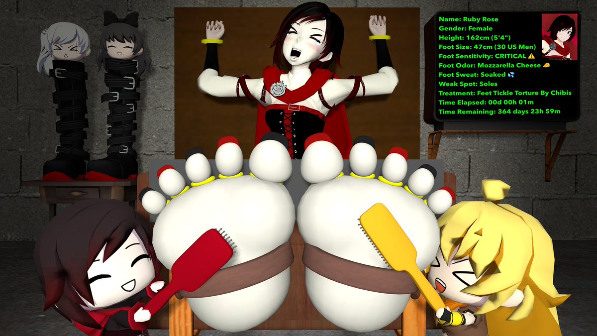 daonewholaughs's tweet photo. Here’s a render I’ve been working on for a bit. Ruby Rose locked in stocks having her feet tickle tortured by chibi versions of team RWBY + a chibi Neo to mock her with her iconic signs
#tickle #feetfetısh #tickling https://t.co/JIuMItZw9b