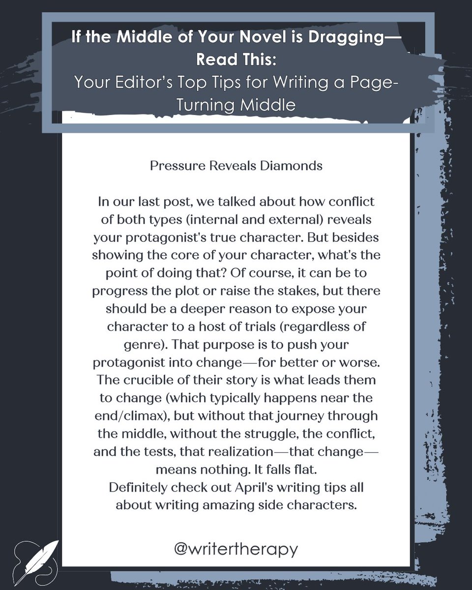 WriterTherapy's tweet photo. The middle section of a novel requires a lot of different moving parts to be as effective as possible. One thing it cannot hold up without is both types of conflict.
#WriterTherapy #WritingTips #Authors https://t.co/ceaOA5tbWB