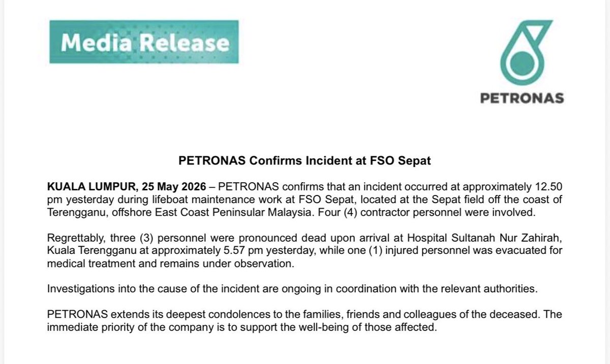 BernamaBiz's tweet photo. PETRONAS Confirms Incident at FSO Sepat

#BernamaBiz @Petronas #Sepat https://t.co/QshhChJVu5