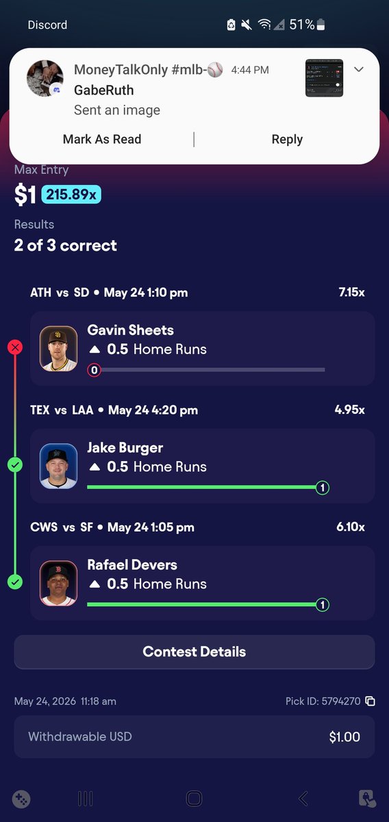 __19NineFour's tweet photo. Almost hit the lotto ! Cashed the round robin tho #mlb #homeruns #learngematria https://t.co/CB1IbMNiJH