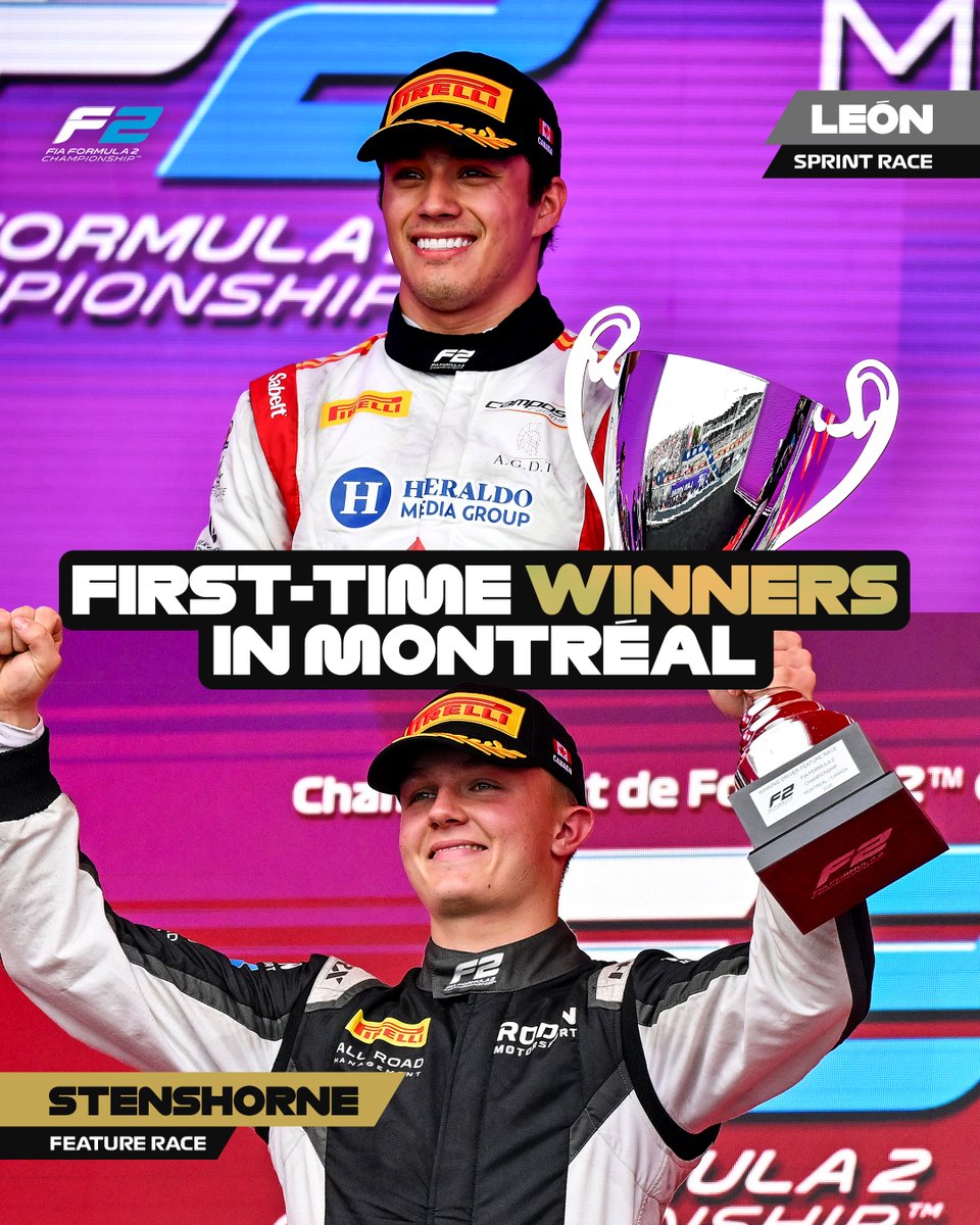 Formula2's tweet photo. You never forget your first 👏

Both Noel León and Martinius Stenshorne claimed their maiden victories across our debut weekend in Canada 🏆🏆

#F2 #CanadianGP https://t.co/0jzDnFXGAY
