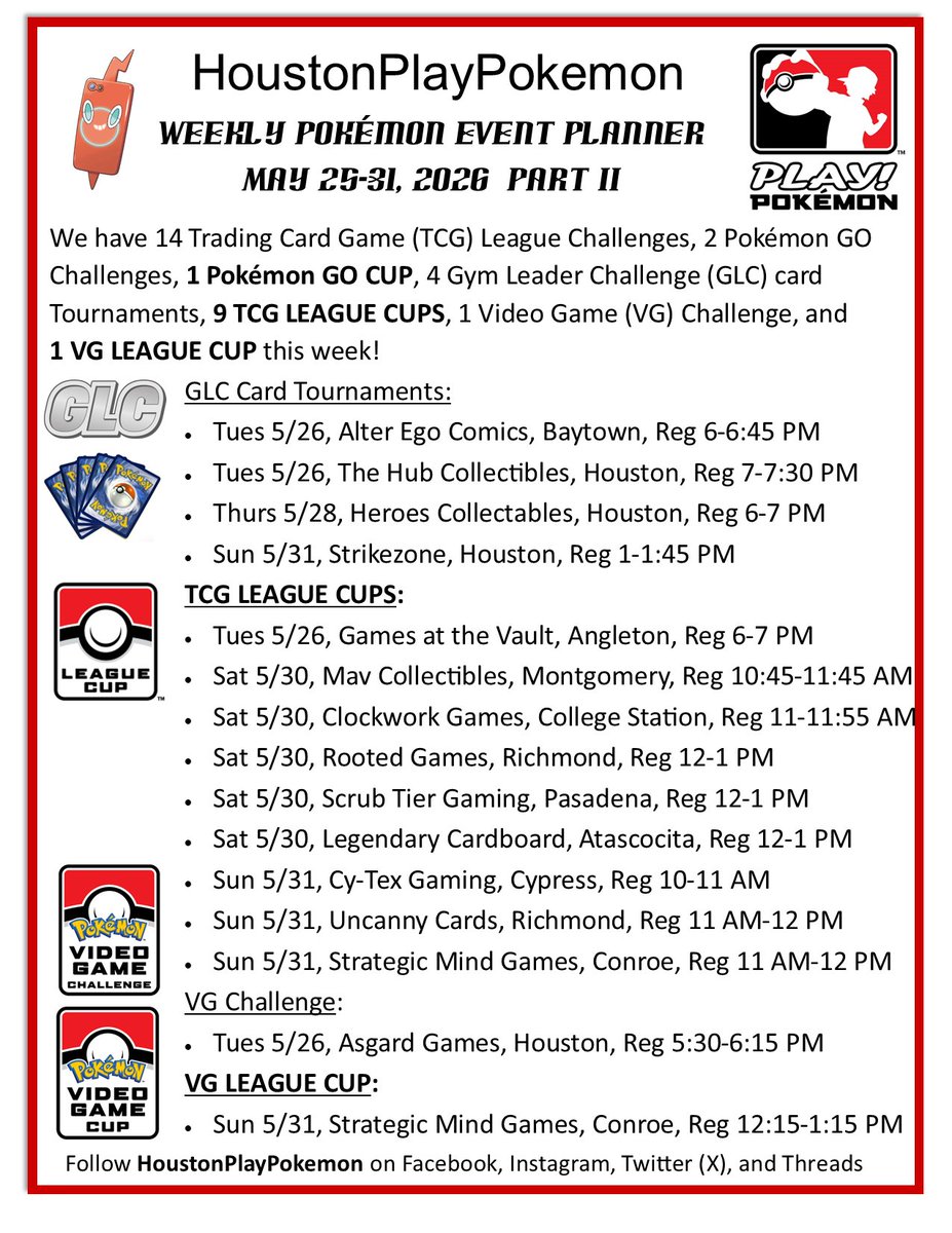 Weekly Pokmon Event Planner for May 25-31, 2026. We have 14 Trading Card  Game (TCG) League Challenges, 2 Pokmon GO Challenges, 1 Pokmon GO CUP, 4  Gym Leader Challenge (GLC) card tournaments,