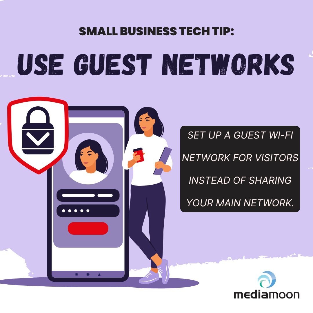 MediaMoonLLC's tweet photo. Set up a guest Wi-Fi network for visitors instead of sharing your main network. https://t.co/9VMhzgONnz
