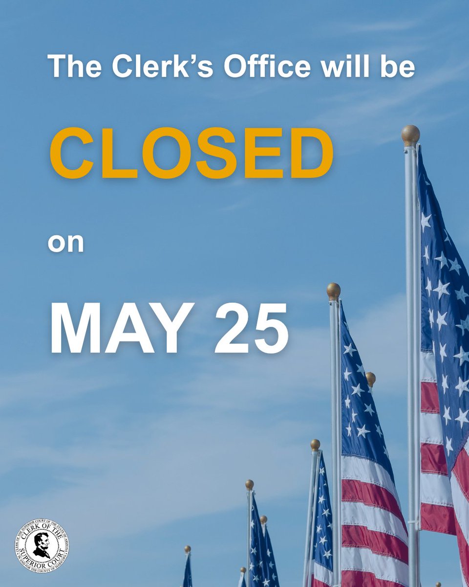 MaricopaCOSC's tweet photo. As a reminder, the Clerk's Office is closed on May 25 in observance of Memorial Day. It will reopen on May 26 at 8:00 a.m. https://t.co/mLEFpPdGLC