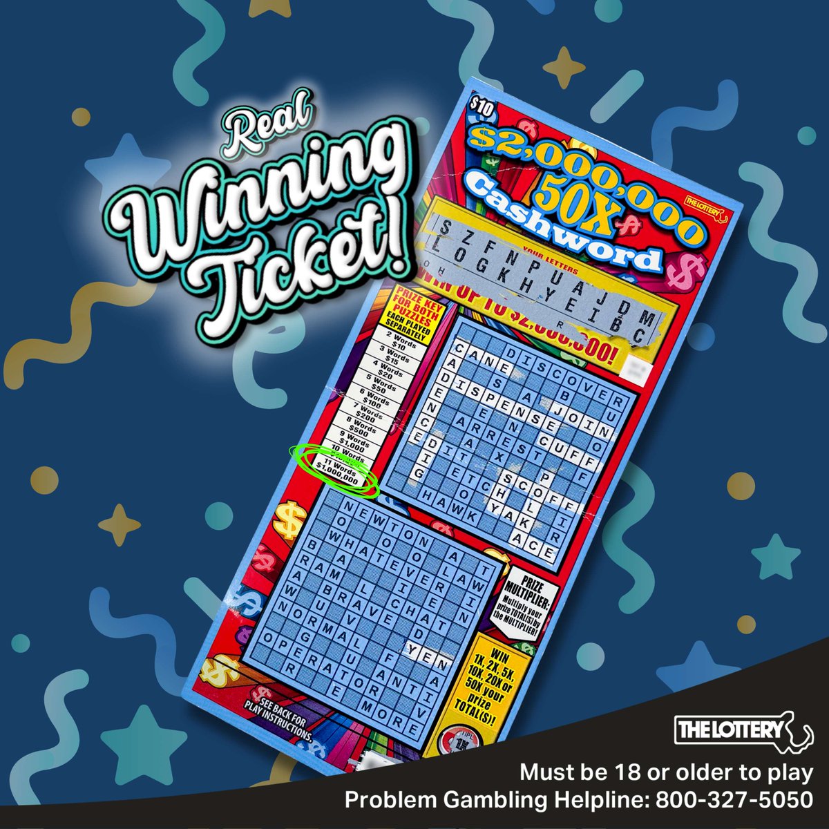 MAStateLottery's tweet photo. $1 MILLION winner playing $2,000,000 50X CASHWORD 2025 ($10) in #Somervile

🤔 What's a fancy vocabulary word for that? Prodigious!

Recent winners > https://t.co/PyE6pVmq4I

#MassLottery
#Lottery
#InstantTickets
#ScratchTickets
#Cashword
#Winner
#Massachusetts https://t.co/u2QCRQfVHY