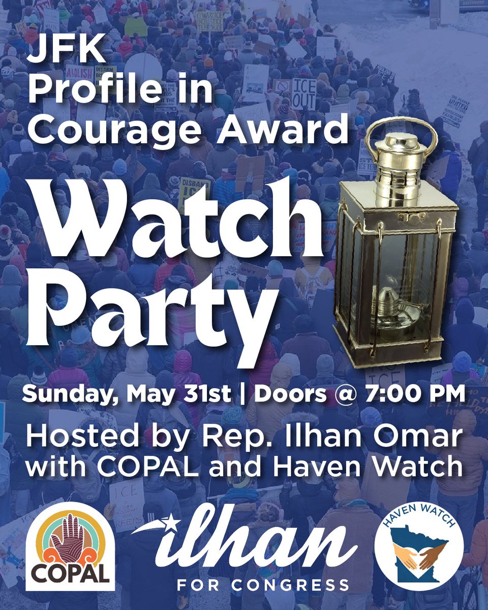 Team_Ilhan's tweet photo. Join us, along with @COPALMN &amp; Haven Watch, a week from tonight to watch the people of the Twin Cities receive the JFK Profile in Courage Award!  

Doors @ 7pm | Award Ceremony Livestream @ 7:30pm  

RSVP for location:  https://t.co/qrU13IOBVx https://t.co/o5dHyIJI9U