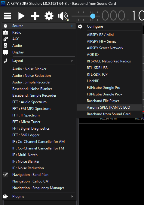 iamfusta's tweet photo. Good news from my SDR development work:

@Aaronia_AG SPECTRAN V6 ECO support for @sdrsharp  is getting closer.

Native RX-only iqreceiver source via AaroniaRTSAAPI.dll — no RTL-TCP, no network bridge.

Final integration work continues...

@rtlsdrblog #sdr #rf https://t.co/RTGxQTCBdU