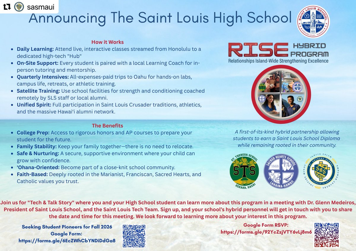 HICathSchools's tweet photo. 🚀 Huge news for Maui &amp; Kauai families! A first-of-its-kind hybrid partnership is giving students the opportunity to earn a prestigious Saint Louis School diploma—while staying connected to their home community🙌Scan the QR code for more info &amp; to join our upcoming meeting📅 https://t.co/t2PcADaiQh
