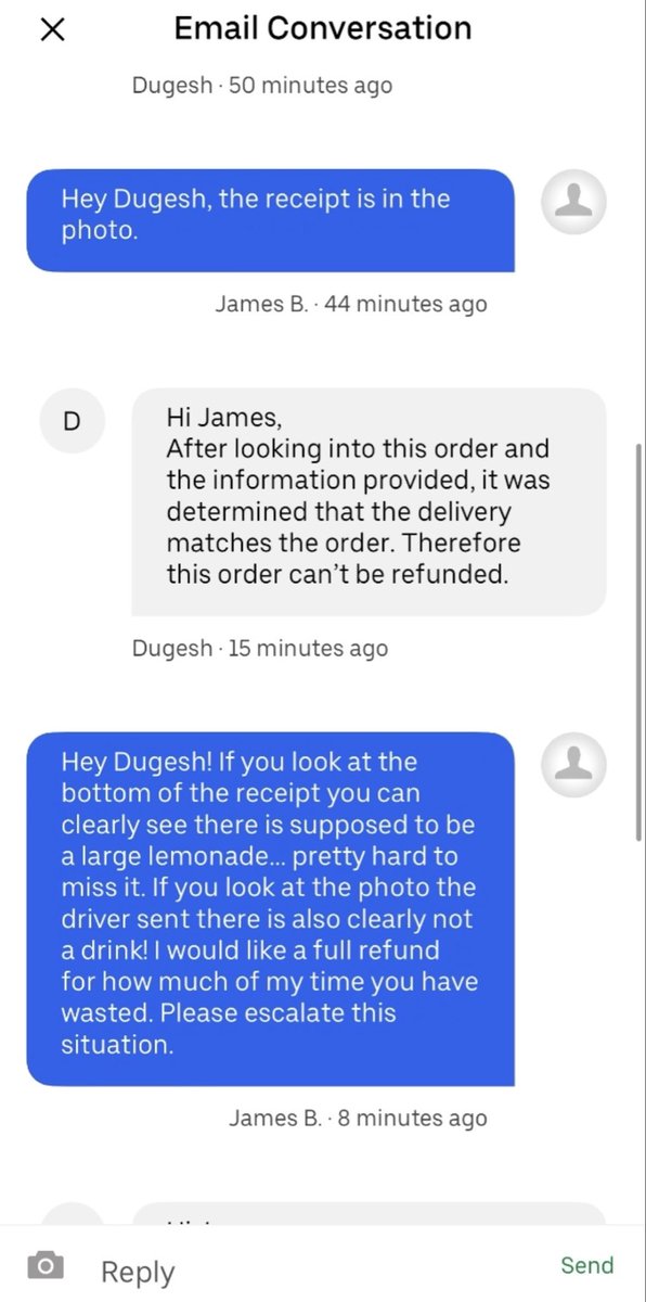 Barnstormer512's tweet photo. @UberEats I have been dealing with your horrible, rude customer service for a WEEK over a missing drink and this is still not resolved. https://t.co/Lma2oDtA6t