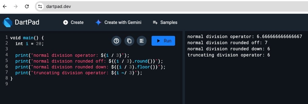 the_afro_dev's tweet photo. I was today years old when I realized that Dart had a truncating division operator (~/). Doesn't shorten my code but I know it will come in handy.
Do other programming languages have this operator?