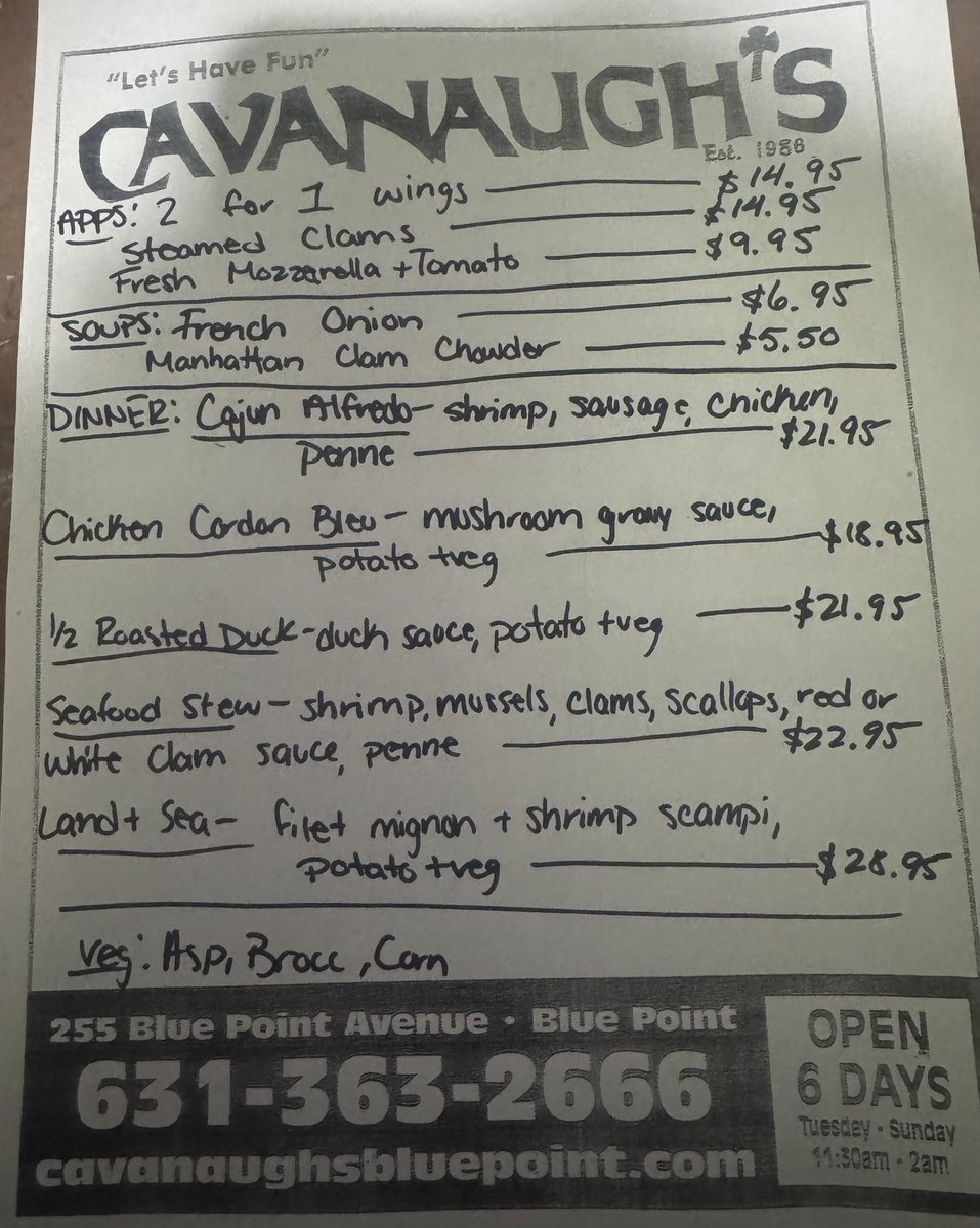 CavanaughsPub's tweet photo. Sunday Night Dinner Specials, Kitchen Serving Till 9:30pm. #Wings #BluePoint #Bayport #Cavanaughs https://t.co/Gdp5pkeY6G