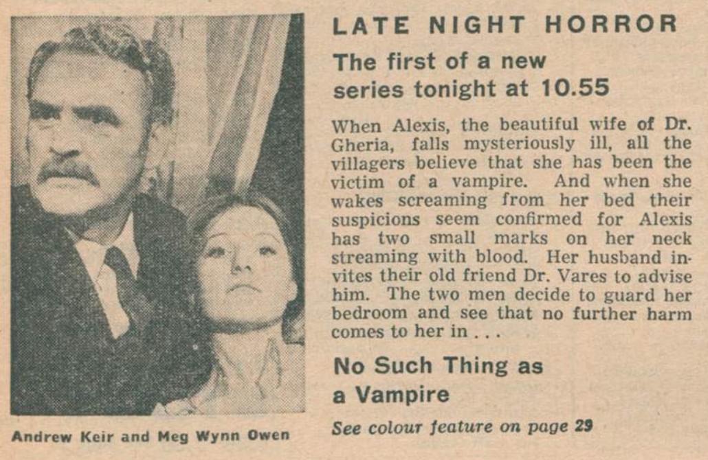 FromtheArchive's tweet photo. Congratulations to @filmisfabulous & @DirtInTheGate  on the discovery of the first episode of LATE NIGHT HORROR "No Such Thing as a Vampire". What a cast in ths one! Just reading there is a chance of a broadcast of this later this year, would love to see it! Here is some Radio Times coverage of the first episode. #MissingEpisodes #FilmisFabulous #DirtintheGate #LateNightHorror #BBC
