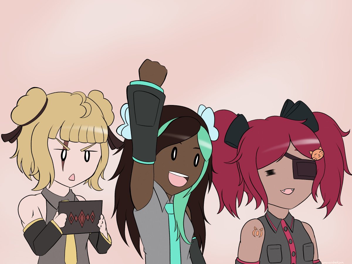 Non_ExistentJam's tweet photo. During my playthrough of Jikoronpa I would refer to these three as the "triple baka trio" (mainly cuz Kolette's design reminded me of Teto, but they're also kind of the same colors so close enough) so I decided to redraw this frame from the MV with them!

#jikoronpa https://t.co/ERLaxgFOWo