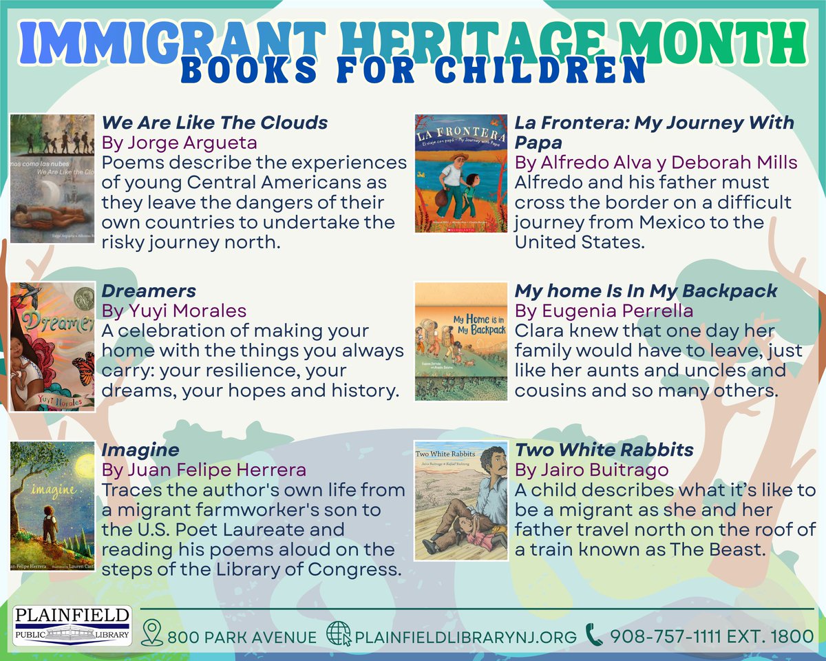 plainfieldpl's tweet photo. 📚 This Immigrant Heritage Month, we celebrate the stories that travel across borders and generations.

✨ View the complete collection of lists (books in English and Spanish) for children, teens, and adults here: https://t.co/lfUokClG55 https://t.co/48d9yQ0oCd