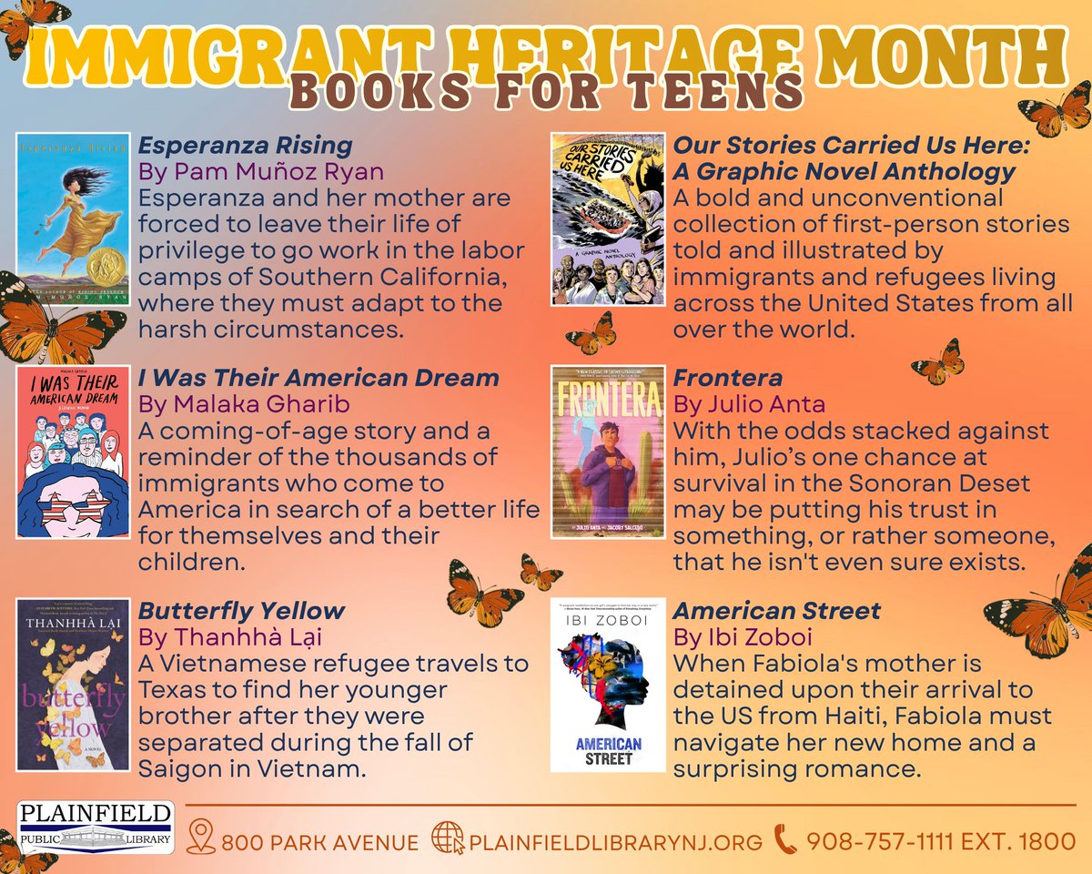 plainfieldpl's tweet photo. 📚 This Immigrant Heritage Month, we celebrate the stories that travel across borders and generations.

✨ View the complete collection of lists (books in English and Spanish) for children, teens, and adults here: https://t.co/lfUokClG55 https://t.co/48d9yQ0oCd