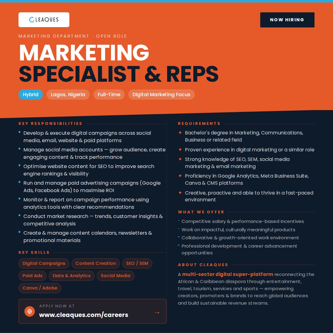 Cleaques1's tweet photo. We are HIRING!

Are you ready to join a dynamic team? Cleaques is expanding, and we are looking for passionate, driven talent to join our team. 

Should you qualify, send your CVs and applications to contact@cleaques.com 

#Cleaques #Hiring #Marketing #Careers #Vacancy #Jobs https://t.co/OPVoCWOaN5