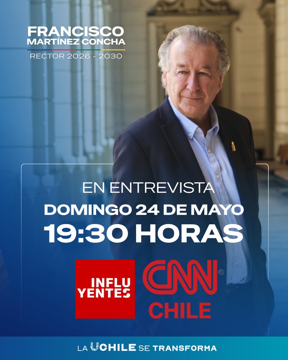 FcoMartinezC's tweet photo. Hoy a las 19:30 horas, estaré en @CNNChile, conversando sobre los desafíos y oportunidades que tenemos como @uchile de cara al futuro.

Les invito a acompañarnos y a conocer las propuestas que estamos impulsando.

📺 CNN Chile | Influyentes
🕢 Domingo 24 de mayo | 19:30 horas https://t.co/fHxjUWbACS