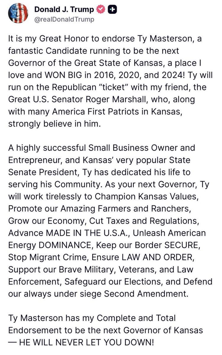 JohnHoltNews's tweet photo. BREAKING: @realDonaldTrump weighs in on #KS Governor Primary, endorsing @TyMastersonKS 
#KSLeg https://t.co/3yLWocKT9v