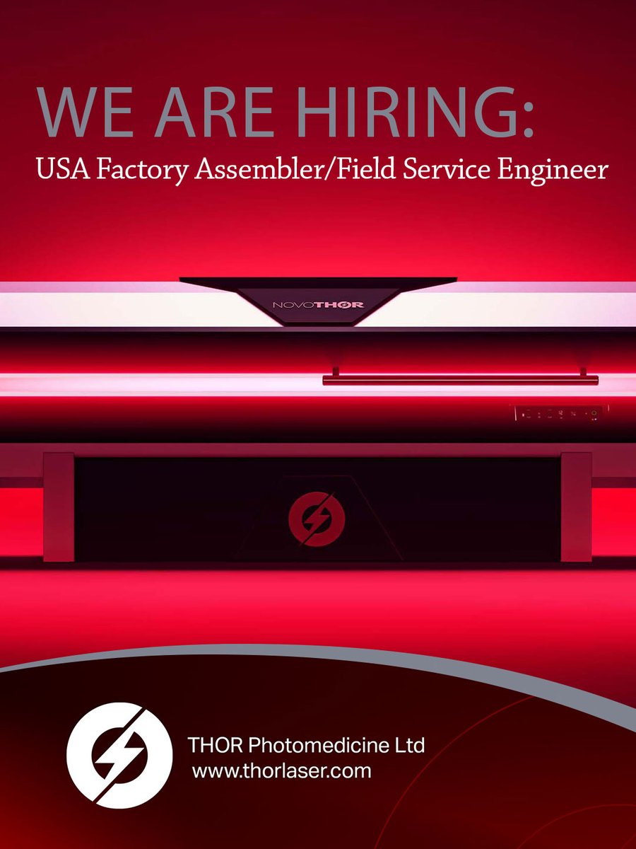 thorlaser's tweet photo. THOR is seeking a USA Factory Assembler / Field Service Engineer. With headquarters in the UK and manufacturing facilities in both the US and UK, we are seeking a versatile Manufacturing and Service Technician to join our US team in Vermont.

The primary purpose of this role is to support the production and customer delivery of THOR's flagship PBM beds. The position is split between two key responsibilities:

• Assembling THOR's flagship photo-biomodulation beds on the production line at our Vermont facility (approximately 75% of the role), and
• Traveling across the United States to perform service calls, installations, and technical support for customers (approximately 25% of the role).

This is a hands-on, self-directed position that requires strong mechanical assembly skills, a customer- focused mindset, and the flexibility to travel regularly. The role reports directly to the Director of NovoTHOR Operations.

For more information see: https://t.co/zHiRVz9vYS