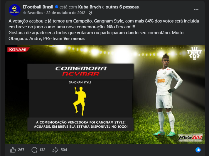 TudodePES's tweet photo. E quando teve uma votação pra escolher uma nova comemoração pro Neymar no PES 2013 , entre elas
Tchu Tcha Tcha (Musica sertaneja que o proprio neymar já comemorou ) , Call Me Maybe e Gangnam Style.
Tudo isso feito graças ao mestre @AndreBronzoni . 

#PES2013 #Neymar #efootball https://t.co/2kKicJKMst