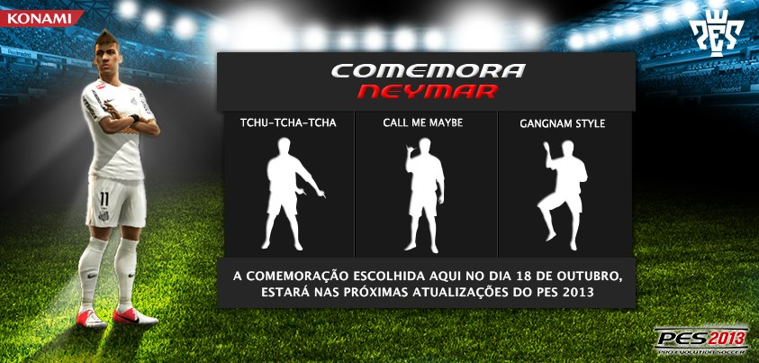 TudodePES's tweet photo. E quando teve uma votação pra escolher uma nova comemoração pro Neymar no PES 2013 , entre elas
Tchu Tcha Tcha (Musica sertaneja que o proprio neymar já comemorou ) , Call Me Maybe e Gangnam Style.
Tudo isso feito graças ao mestre @AndreBronzoni . 

#PES2013 #Neymar #efootball https://t.co/2kKicJKMst