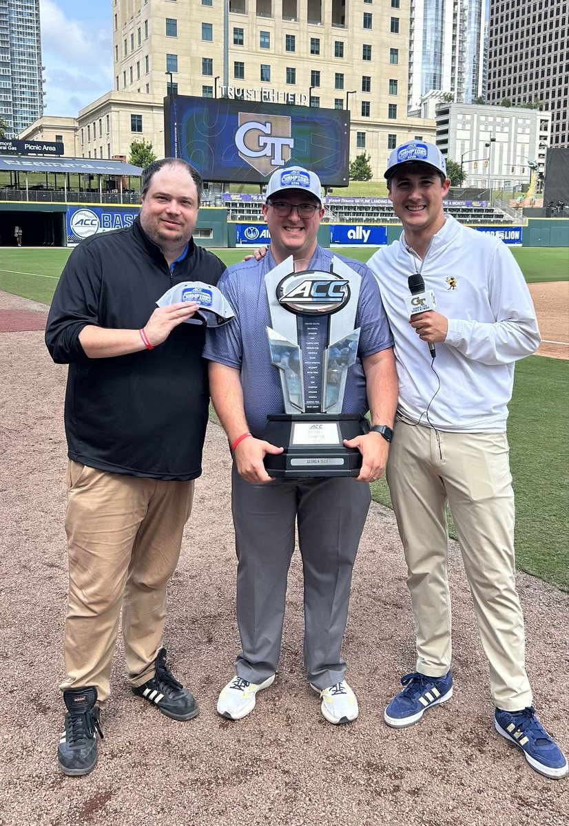 PressBoxRadio1's tweet photo. Congrats to the undeniable @theACC Champions from @GTBaseball and our Yellowjacket Guy, @C_Lacy16, flanked by @Monty2740 &amp; @wileyballard_ https://t.co/iYJKHjrLWa