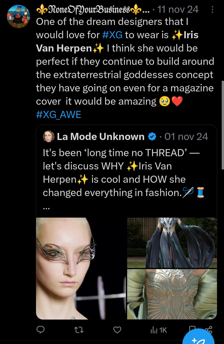 AzpeitiaconZ's tweet photo. XG in Iris Van Herpen and Matières Fecáles, oh you definitely understand the vision 🫡✨ #instantfollow https://t.co/FRvXiEWIDY