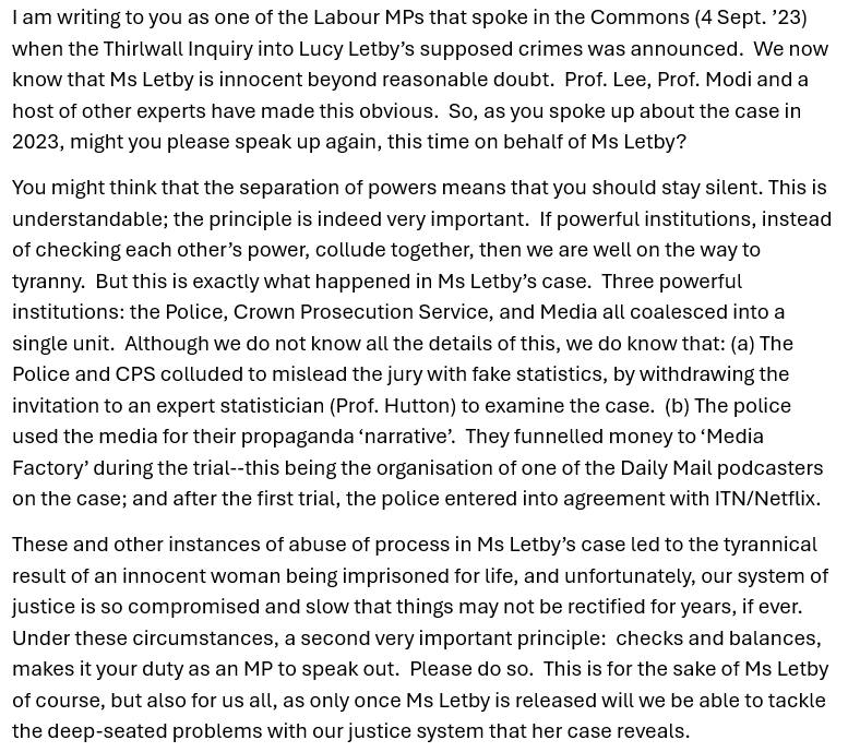 peternhayes's tweet photo. Hi  @justinmadders, @RachaelMaskell, @Alison_McGovern, Dame @DianaJohnsonMP, and Sir @MarkTamiMP
I wrote two weeks ago to ask to you to speak up for justice for Lucy Letby, I haven’t yet got a reply, so am trying again on Twitter.
Best Wishes
Peter Hayes https://t.co/QIetc4XDMJ