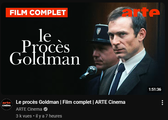 anthonyreungere's tweet photo. L'EXCELLENT film Le Procès Goldman, de Cédric Kahn, est dispo GRATUITEMENT sur la chaîne Youtube d'Arte (et sur leur plateforme)

Foncez le voir c'est vraiment très très bien https://t.co/rSx8yyS6jb