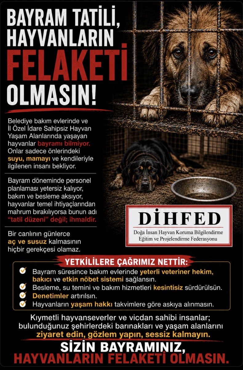 haydarozkan06's tweet photo. Bayram tatili, hayvanların FELAKETİ olmasın!

📌 Belediye bakım evlerinde ve İl Özel İdare Sahipsiz Hayvan Yaşam Alanlarında yaşayan hayvanlar bayramı bilmiyor. Onlar sadece önlerindeki suyu, mamayı ve kendileriyle ilgilenen insanı bekliyor.

Bayram döneminde personel planlaması yetersiz kalıyor, bakım ve besleme aksıyor, hayvanlar temel ihtiyaçlarından mahrum bırakılıyorsa bunun adı “tatil düzeni” değil; ihmaldir.

Bir canlının günlerce aç ve susuz kalmasının hiçbir gerekçesi olamaz.

📌 Yetkililere çağrımız nettir:
 Bayram süresince bakım evlerinde yeterli veteriner hekim, bakıcı ve etkin nöbet sistemi sağlansın. Besleme, su temini ve bakım hizmetleri kesintisiz sürdürülsün. Denetimler artırılsın. Hayvanların yaşam hakkı takvimlere göre askıya alınmasın.

📌 Kıymetli hayvanseverler ve vicdan sahibi insanlar; bulunduğunuz şehirlerdeki barınakları ve yaşam alanlarını ziyaret edin, gözlem yapın, sessiz kalmayın.