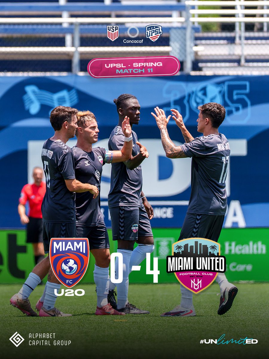 miamiunitedfc's tweet photo. β½οΈ UPSL MATCHDAY 11
Miami FC U20 0-4 Miami United FC π₯
Dominant from start to finish πͺ
β½οΈ Pourrain 23β
β½οΈ Prada 65β
β½οΈ Insua (P) 85β
β½οΈ Cacciabue 87β
π 10th straight win π
Next: May 31 vs Elevate Soccer Project Miami (5:45 PM)
#VamosUnited π€π©·π©΅ #MiamiUnitedFC #UPSL https://t.co/jovPq0B0f7