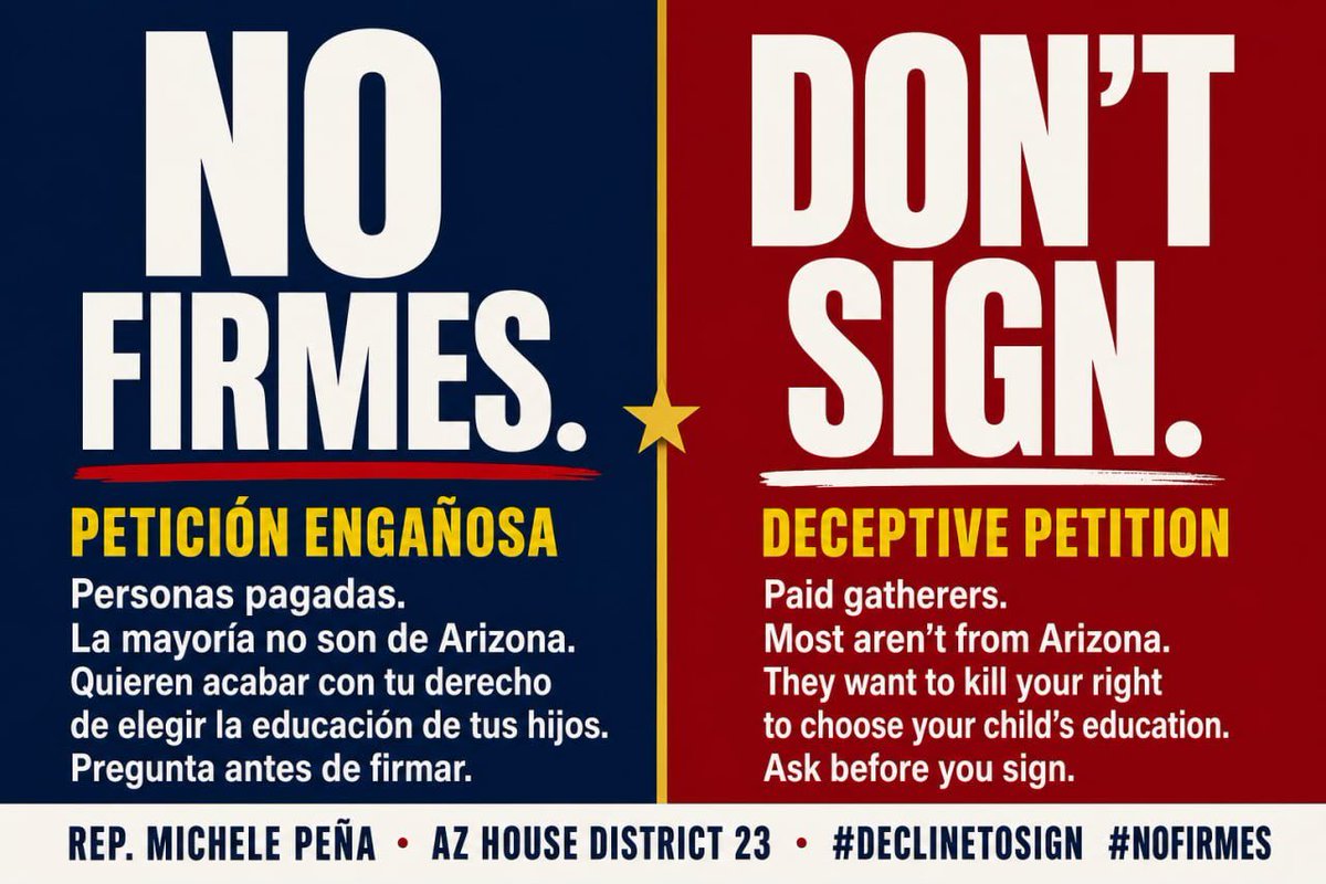 michelepenaaz's tweet photo. 🇺🇸 NO FIRMES. / DON'T SIGN. 🇺🇸

Si alguien en Sam's, Walmart o un estacionamiento en Arizona te pide que firmes una petición para "salvar las escuelas," no firmes sin leer primero.

#DeclineToSign #NoFirmes #ESA #SchoolChoice https://t.co/01poOAI7pX