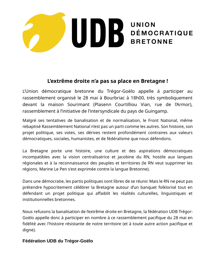 UDBTregorGoelo's tweet photo. L’extrême droite n’a pas sa place en Bretagne ! Notre fédération appelle à participer au rassemblement organisé ce jeudi 28 à Bourbriac à 18h00, devant la maison Sourimant (Plasenn Courtilliou Vian), rassemblement à l’initiative de l’intersyndicale du pays de Guingamp. https://t.co/9xSRiaPa96
