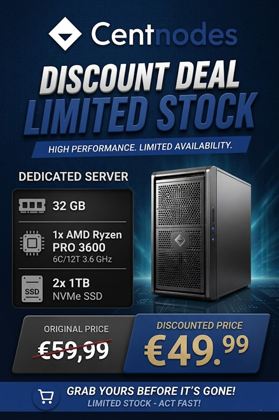 centnodes's tweet photo. Get your AMD Ryzen Pro-3600 Dedicated server with 32GB RAM now for only EUR 49,99.

Only via https://t.co/W7yM4iYGns

Hosted in 🇳🇱 https://t.co/Kshd1sSMi7