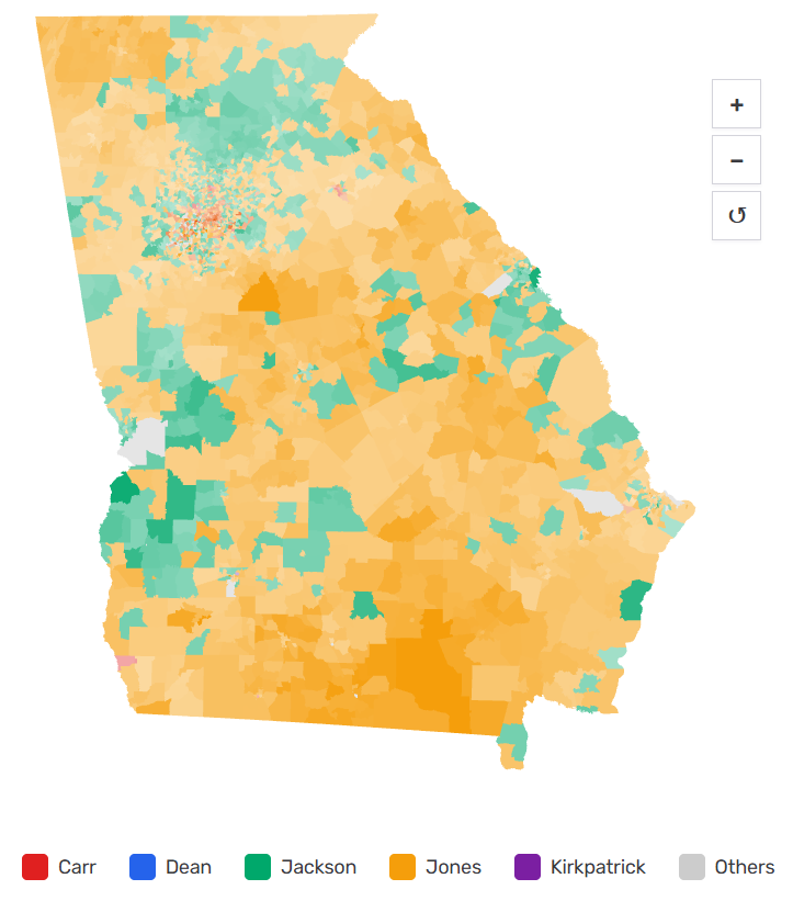 jonathanelecmap's tweet photo. GA Republican Senate and Governor precinct results. Really curious to see who will clean up in CD-1 in the Senate runoff. https://t.co/anPLpJyzK3