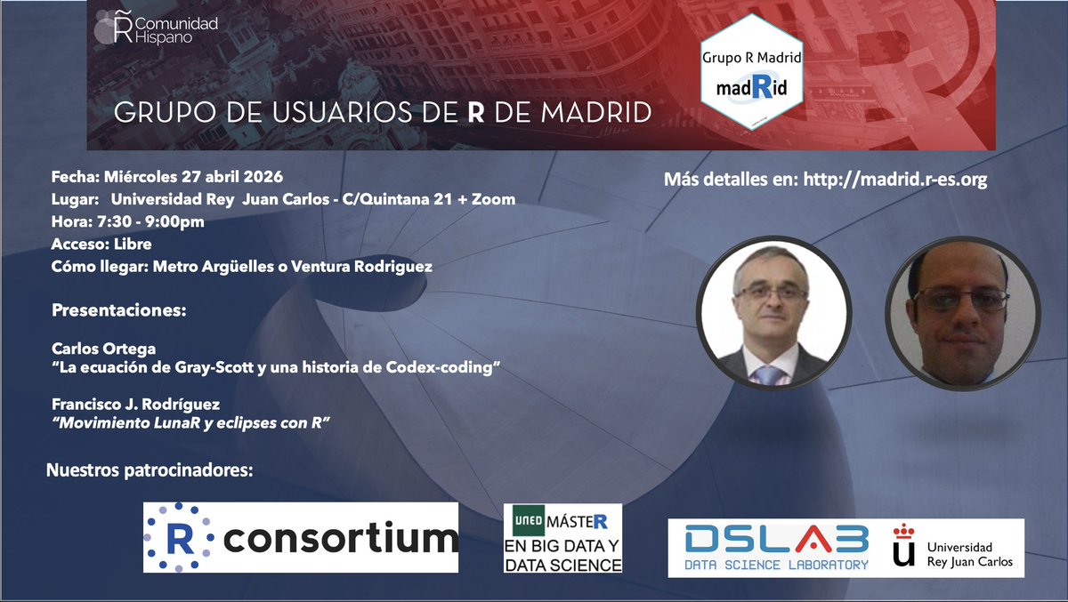 coforfe's tweet photo. El próximo miércoles 27 celebraremos la siguiente reunión del "Grupo de Usuarios de R de Madrid".

Gracias a Francisco Rodriguez y @coforfe  por todas las facilidades.

https://t.co/cw5YlYU3xu

@RConsortium - @UNED - @DSLAB_URJC  - @R_Hisp https://t.co/wA1Y0Mgclx