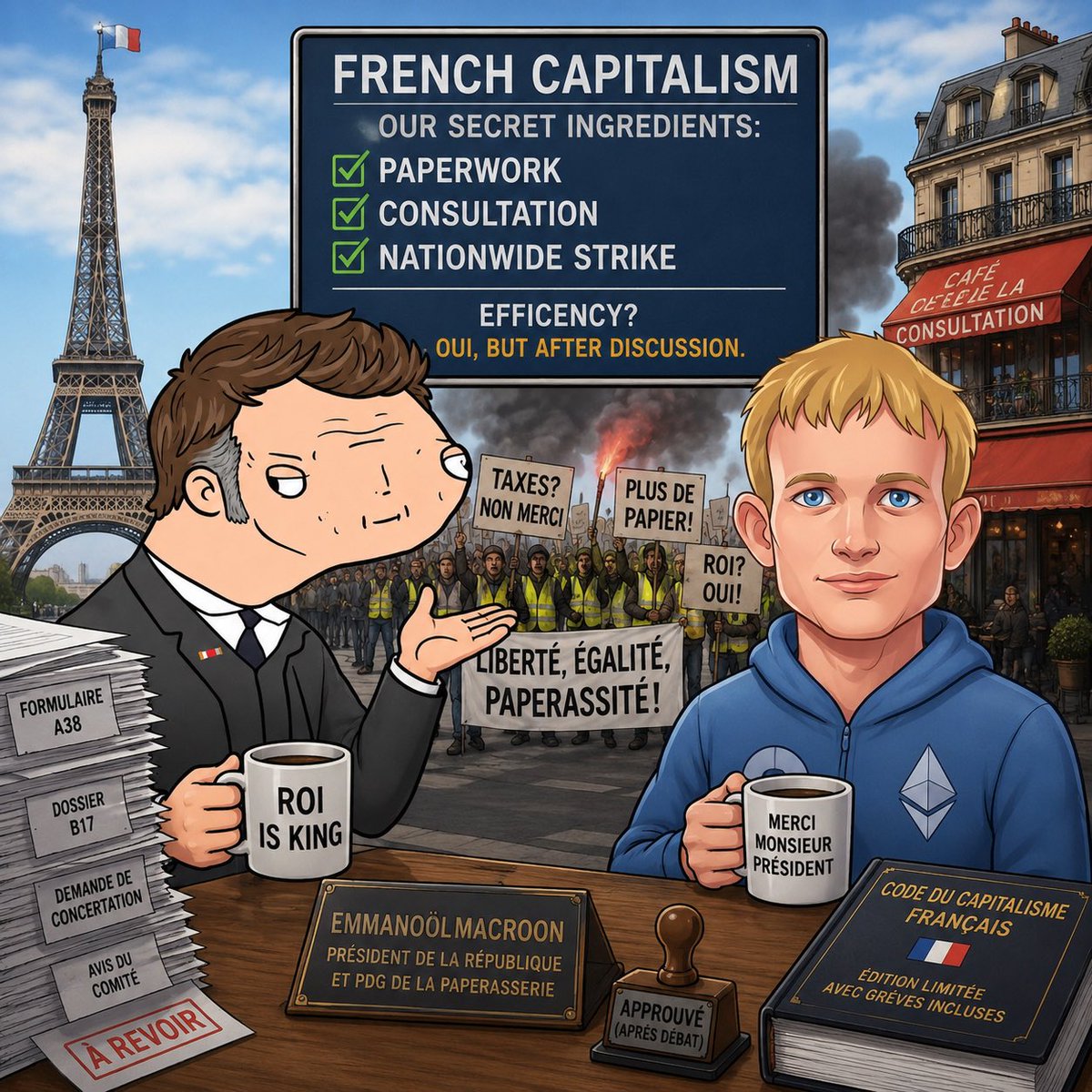 EmmanoolMacroon's tweet photo. @VitalikButerin @godsfavanir @llamaonthebrink As President of France, I can confirm: French people love capitalism.
We simply believe every transaction should include paperwork, consultation, and a nationwide strike https://t.co/BcFMpRGOqT