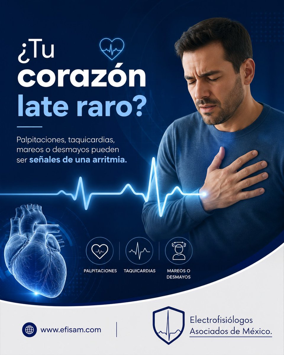 efisam_MX's tweet photo. ¿Sabías que existe un especialista dedicado al ritmo de tu corazón?

Las arritmias pueden provocar síntomas como:

✔️ Taquicardias
✔️ Palpitaciones
✔️ Desmayos
✔️ Ritmos cardíacos irregulares

#EFISAM #Electrofisiología #Arritmias #Cardiología #SaludCardiaca #Taquicardias https://t.co/Rkri7mkK8G
