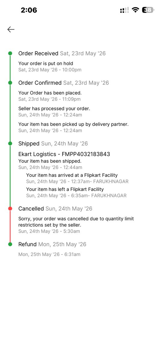 bcrypt22's tweet photo. 1/3

Dear @Flipkart &amp; @FlipkartSupport,

My iPhone order keeps getting auto-cancelled with the reason:

“Sorry, your order was cancelled due to quantity limit restrictions set by the seller.”

I am not a reseller. I am purchasing for personal use only. https://t.co/OFouLUsZv6