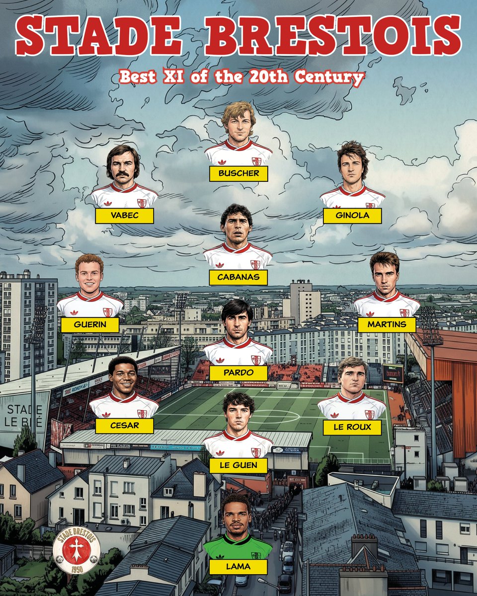 SBrestois1950's tweet photo. 20 saisons dans l'élite pour le #SB29 ! Pour l'occasion je vous propose "a possible Best XI of the 20th Century" en l'honneur des Super-Héros de notre (ma) jeunesse ! #Lama #LeGuen #LeRoux #César #Pardo #Martins #Guérin #Cabanas #Ginola #Buscher #Vabec https://t.co/RoLA3aMZ4x