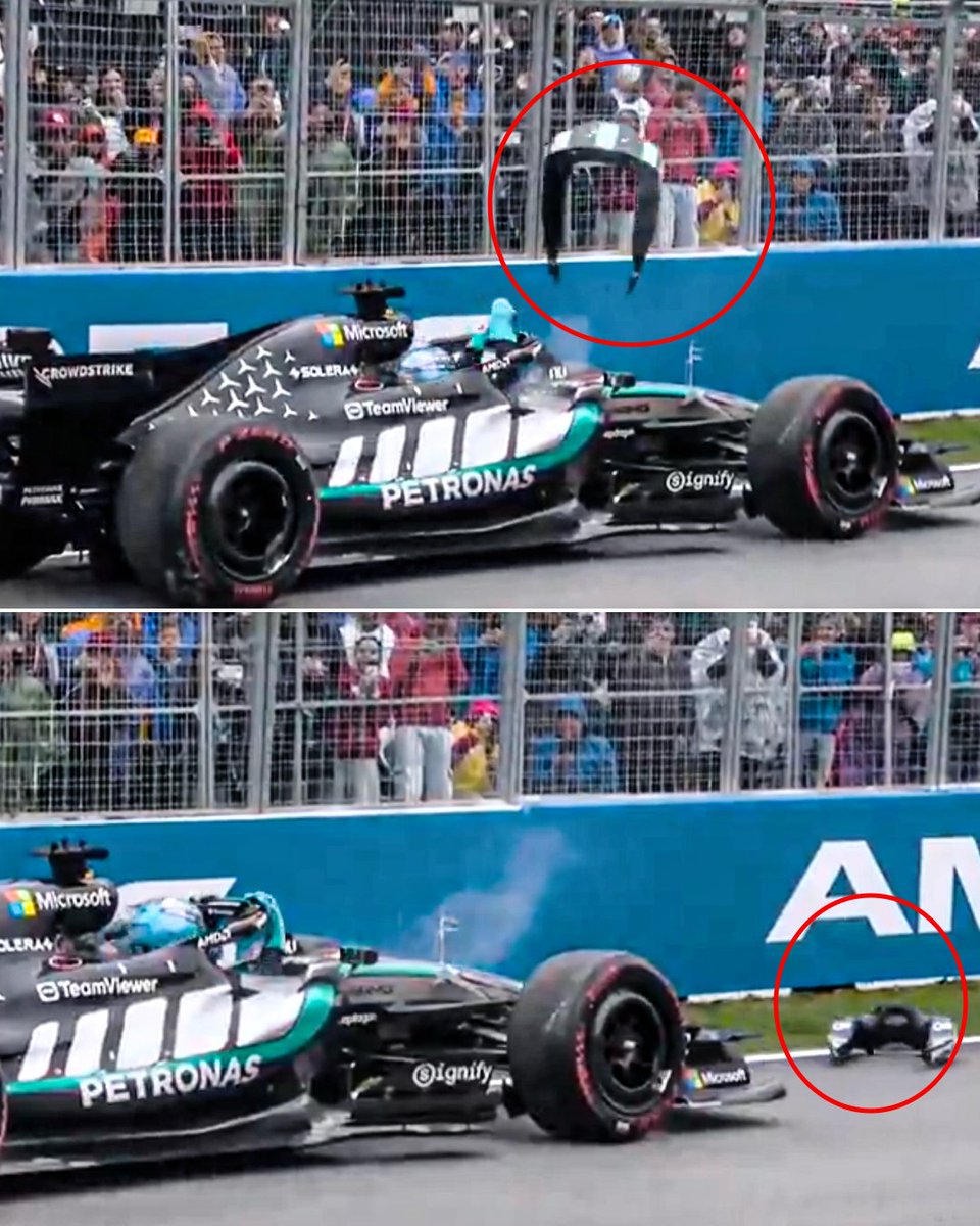 ESPNF1's tweet photo. George Russell threw his headrest onto the track after being forced to retire from the race 😮 https://t.co/is4wwNxmXl