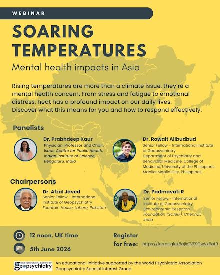 geopsychiatry's tweet photo. register &amp; share our next Geopsychiatry webinar 
Soaring temperatures 
Mental health impacts in Asia
Jun 5, 2026 12.00 noon UK time
https://t.co/780AYhanDQ
@PadmaSCARF @DrMariaNeira @docsforclimate @GCHAlliance @IPCC_CH @WPA_Psychiatry 
#Asia #climatecrisis #mentalhealth https://t.co/1g4BNaX9RF