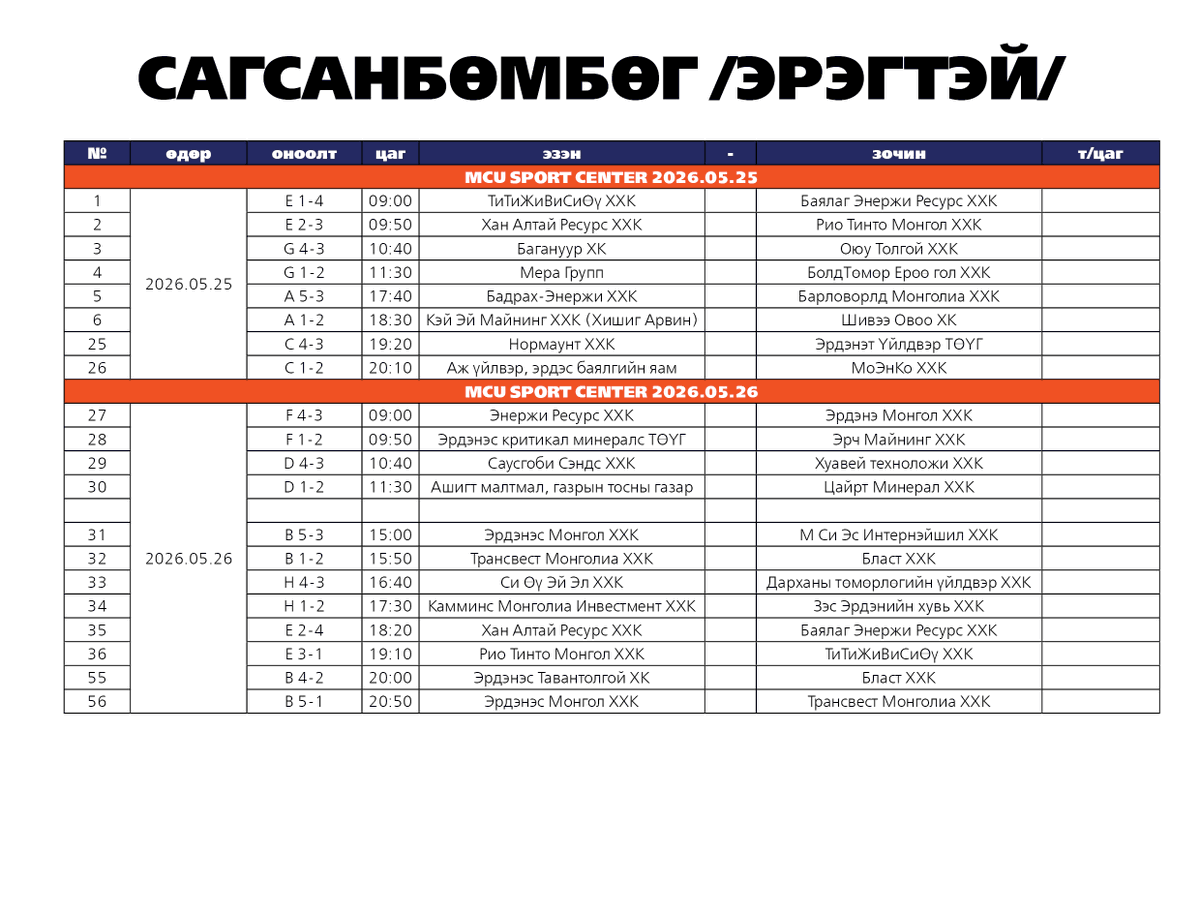 miningmongolia's tweet photo. Эрч хүч 💪, эв нэгдэл 🤝, өрсөлдөөний уур амьсгалаар дүүрэн
🔥 Уурхайчдын Спортын Их Наадам 2026 🔥 эхлэхэд бэлэн боллоо! 🚀

🏀🏐⚽🎯🏓♟️🎮
Энэ удаагийн наадамд 42 байгууллагын 1800 гаруй уурхайчин спортын олон төрлөөр хурд хүч ⚡, авхаалж самбаа 🏃‍♂️, багийн ажиллагаа 🤜🤛, ур чадвараа сорин өрсөлдөх гэж байна.

📢 Тэмцээний төрөл тус бүрийн тоглолтын хуваарьтай танилцана уу 👀✅

Уурхайчдын ур чадвар, эв нэгдэл, спортын нөхөрлөлийг харуулах энэхүү наадамд оролцож буй нийт баг тамирчдадаа өндөр амжилт хүсье! 🏆🥇

Мөн байгууллага, хамт олон, хөгжөөн дэмжигч та бүхнийг хүрэлцэн ирж, өөрийн баг тамирчдадаа халуун дотноор дэмжихийг урьж байна. 🙌🔥👏

📍 Зохион байгуулагч:
Аж үйлдвэр, эрдэс баялгийн яа
Ашигт малтмал, газрын тосны газар
Монголын уул уурхайн үндэсний ассоциаци
Эрдэнэс Тавантолгой ХК

#MinersChampions2026 #УурхайчдынСпортынИхНаадам #MiningMongolia #СпортынНаадам