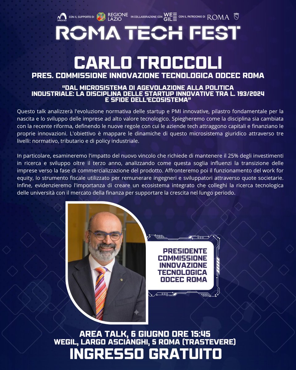 romatechfest's tweet photo. ANNUNCIO TALKS: Carlo Troccoli Presidente Commissione Innovazione Tecnologica ODCEC Roma - Prof.ssa Sara Taglialagamba &amp; Claudio Francesconi - 
#innovazione #leonardodavinci #arte #tecnologia #bandi #roma
1/2 https://t.co/CmBpo4rKpA