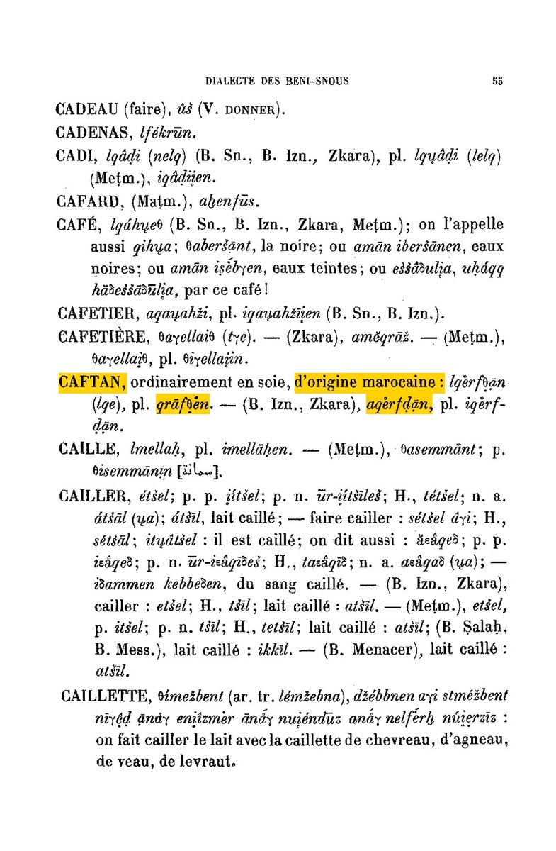 Hafid_Morocco's tweet photo. Ce dictionnaire de 1914 consacré au dialecte des Beni Snous rappelle une réalité souvent oubliée : les Beni Snous appartiennent à la région de Tlemcen, et le travail du lexicographe E. Destaing s’est fait directement au contact des habitants, en recueillant leur parler et leurs usages. Ce ne sont donc pas des inventions tardives, mais des témoignages linguistiques et culturels collectés sur le terrain auprès des populations locales elles mêmes.

Ce qui est intéressant, c’est que même dans ce parler tlemcénien, le dictionnaire mentionne clairement le "caftan" appelé localement qerftan ou aguerftan comme étant "d’origine marocaine". Le même ouvrage évoque également le haïk fin "tissé au Maroc". Des sources anciennes, recueillies auprès des habitants de la région de Tlemcen, reconnaissaient donc déjà l’origine marocaine de certains éléments vestimentaires bien avant les débats actuels.