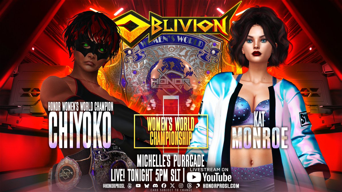 HonorPro_SL's tweet photo. Honor Pro presents Oblivion  Tonight!!!! Starting at 5pmslt!!

Match 1: Skara vs Roxy Diamond
Match 2: Eve Wyatt vs Faith Storm
Match 3: European Title Match: Isabel Dred vs Sylvia KNux
Main Event:  Women's World Title Match: Chiyoko vs Kat Monroe

https://t.co/S333FR7sbM https://t.co/VXoCz5o4fb