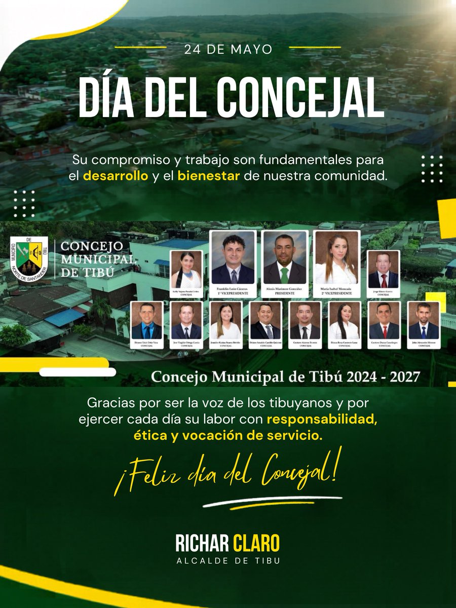 ClaroRichar's tweet photo. En este Día del Concejal quiero expresarles mi respeto y admiración por la labor que realizan cada día por nuestro municipio. Gracias por su compromiso, por escuchar a la comunidad y por trabajar con responsabilidad pensando siempre en el bienestar de Tibú.

Que Dios bendiga su servicio y les siga dando sabiduría para continuar construyendo un mejor futuro para nuestra gente.

¡Feliz Día del Concejal!