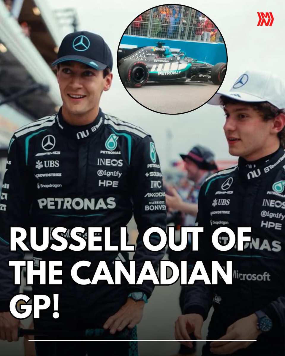 MotorsportsNew's tweet photo. 🚨 Russell is out of the Canadian Grand Prix! 👀 A huge blow to George Russell’s Formula One championship fight! Kimi Antonelli takes the lead of the race! #F1 #F12026 #CanadianGP #GeorgeRussell #News https://t.co/wCYm3G29M5